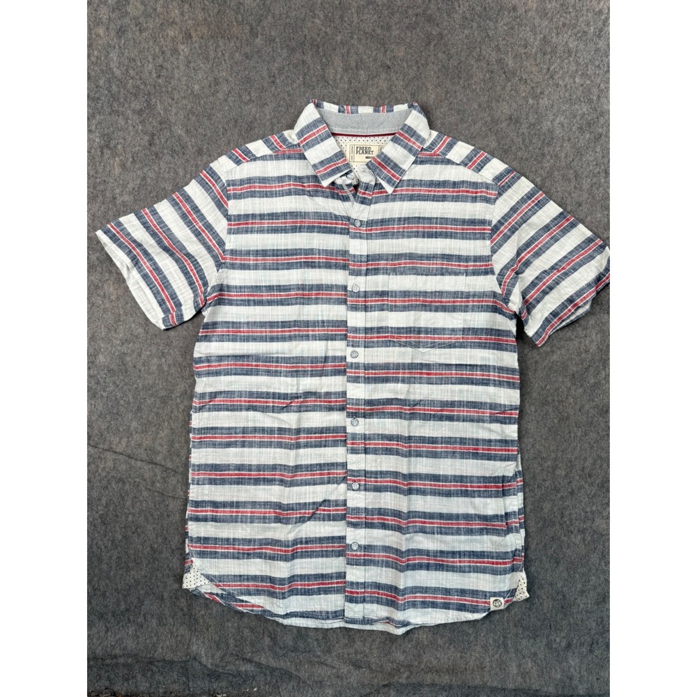 Free Planet Mens Medium Short Sleeve Button Down Shirt Striped Cotton Blue Red